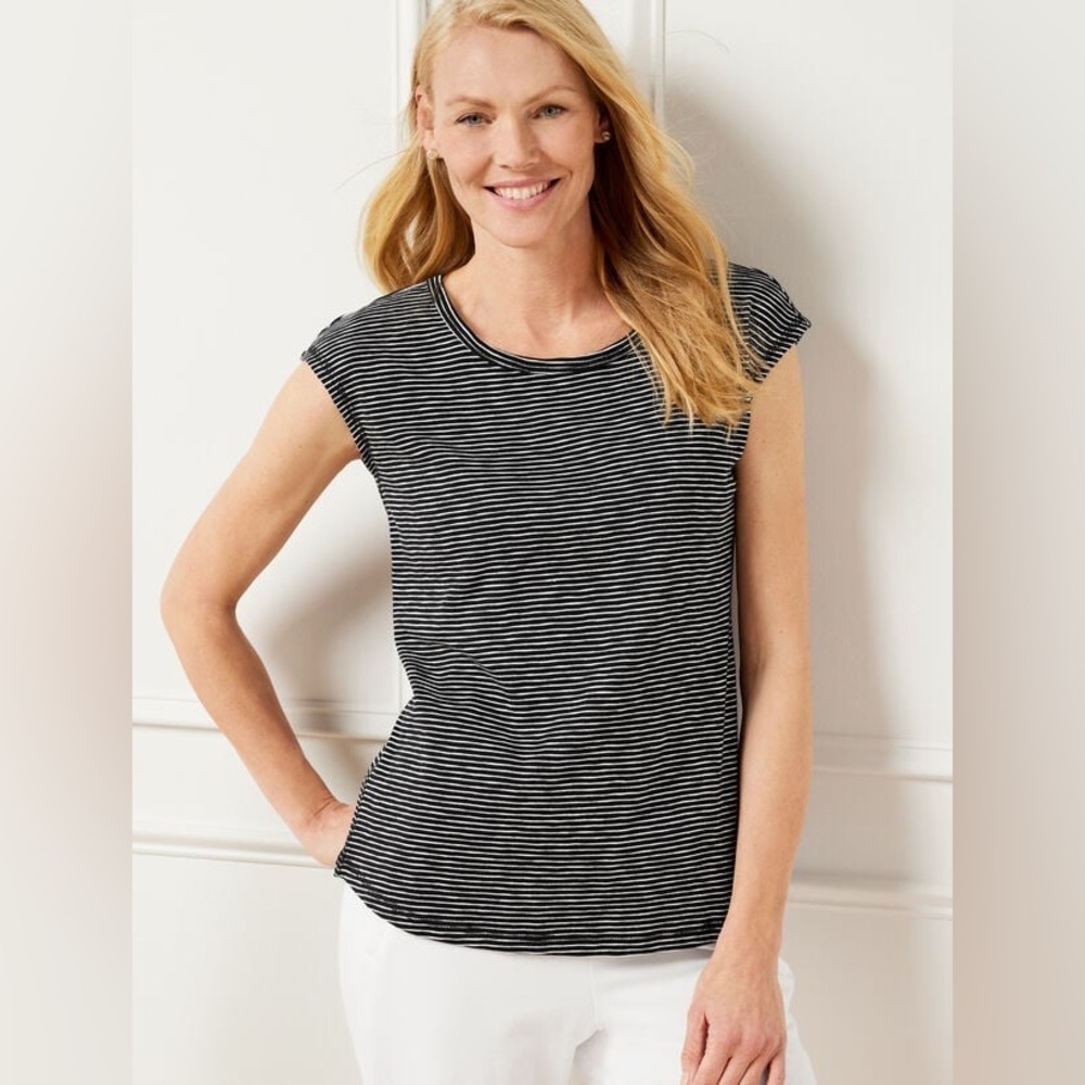 T‎ by Talbots ruched back sleeveless 100% cotton striped tee top black white XL